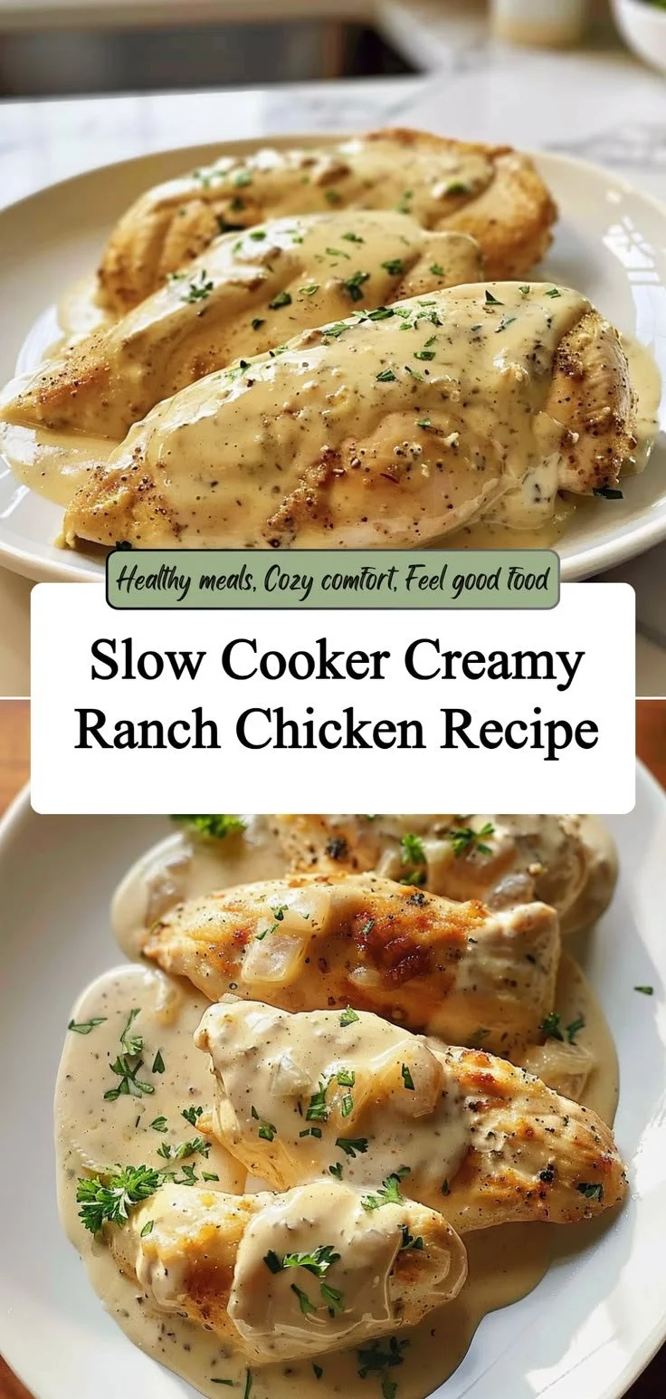 Slow cooker creamy ranch chicken served with fresh herbs and vegetables
