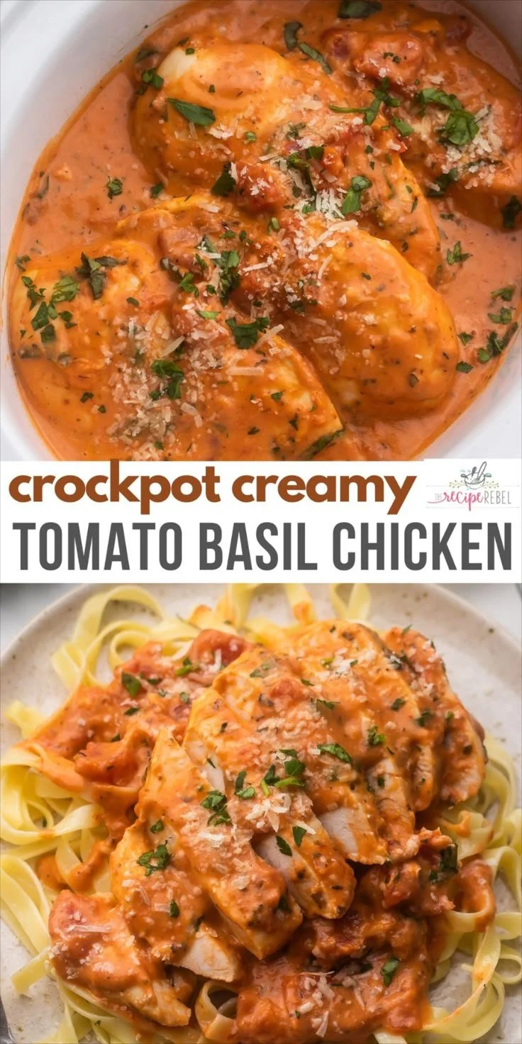 Slow Cooker Creamy Tomato Basil Chicken dish plated with fresh basil leaves.