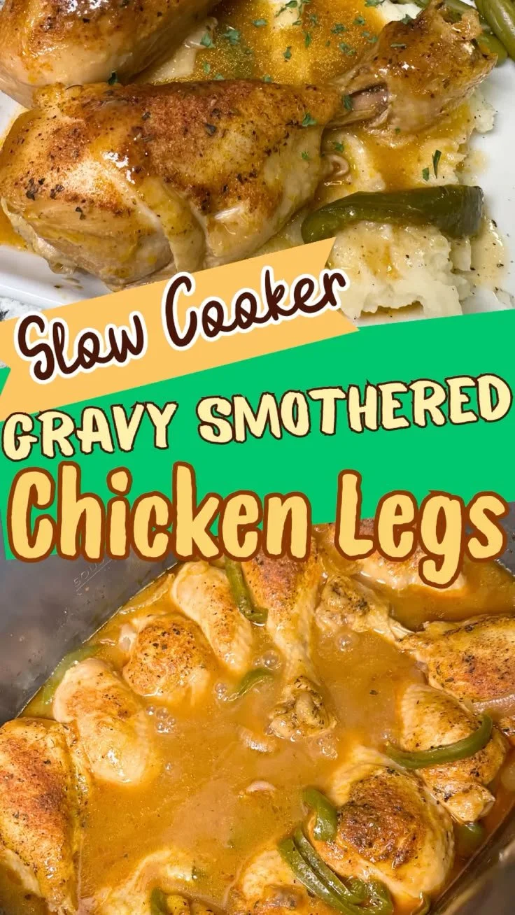 Slow Cooker Gravy Smothered Chicken Legs served on a plate with herbs.