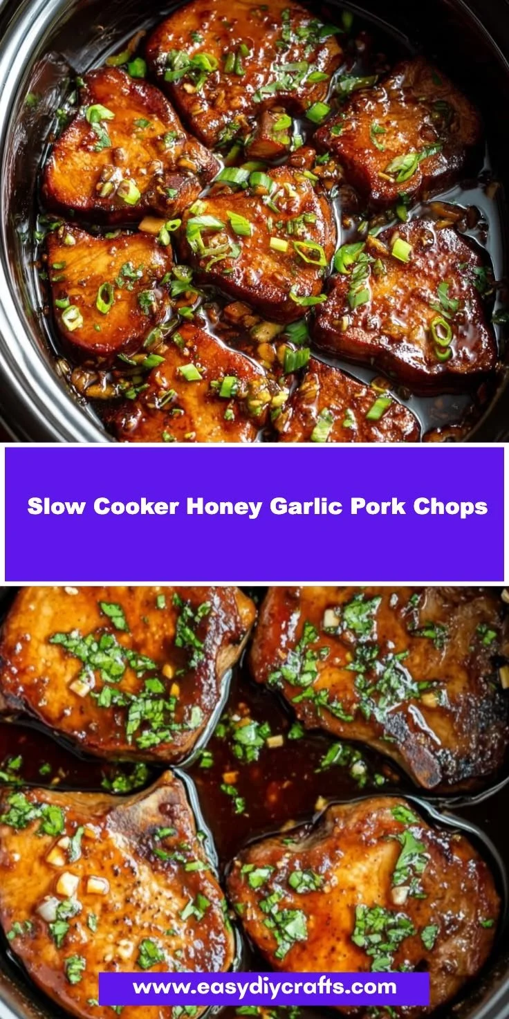 Slow cooker honey garlic pork chops served with vegetables on a plate