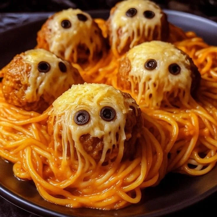 Spooky Spaghetti and Cheese Stuffed Meatballs
