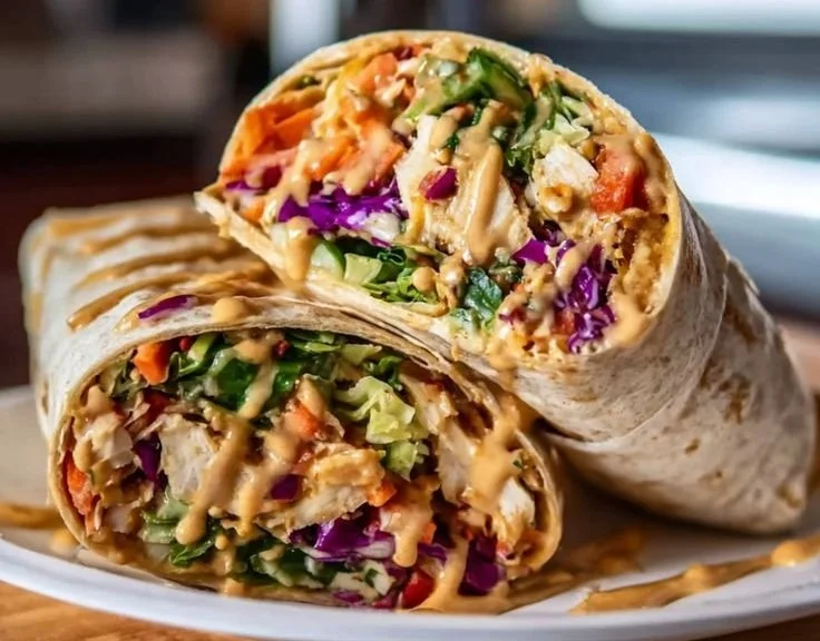 Thai peanut chicken wraps with fresh vegetables and spicy sauce