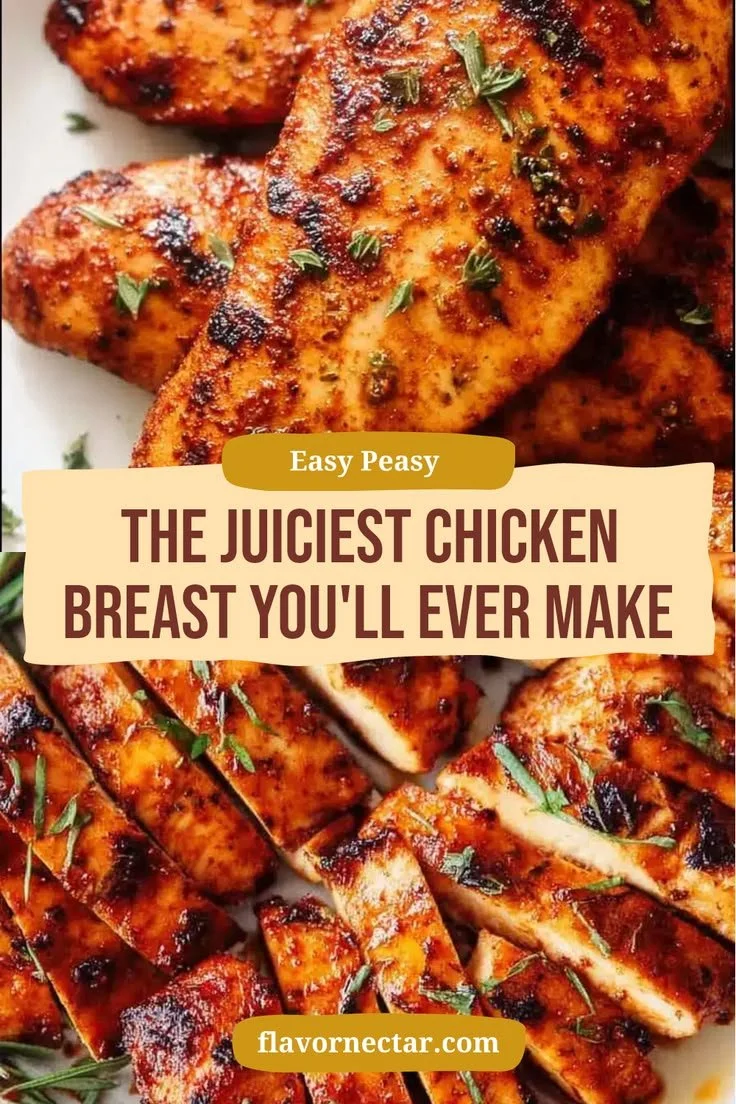 Juicy, perfectly cooked chicken breast served on a plate with herbs