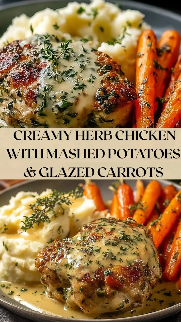 Creamy Herb Chicken served with mashed potatoes and glazed carrots