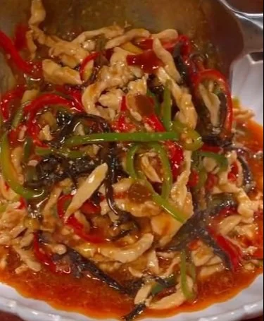 Delicious sour spicy shredded chicken breast ready to eat
