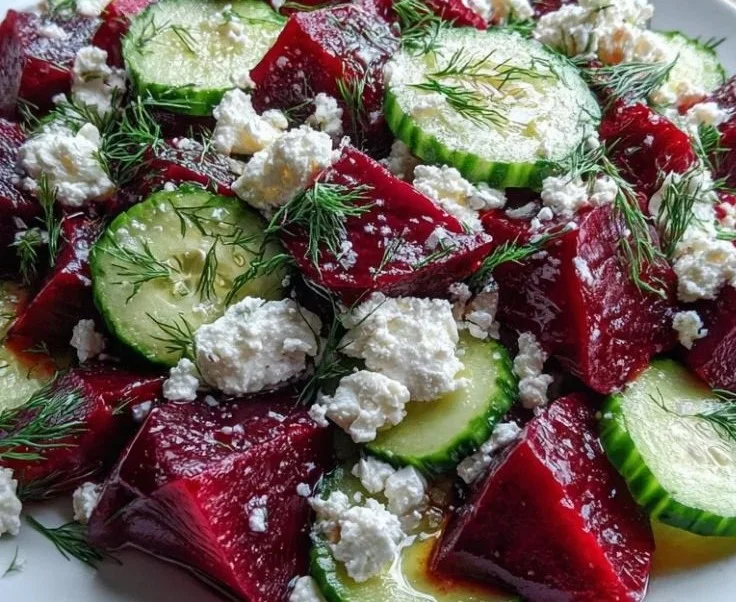 Vibrant Beet and Cucumber Salad with fresh vegetables and dressing