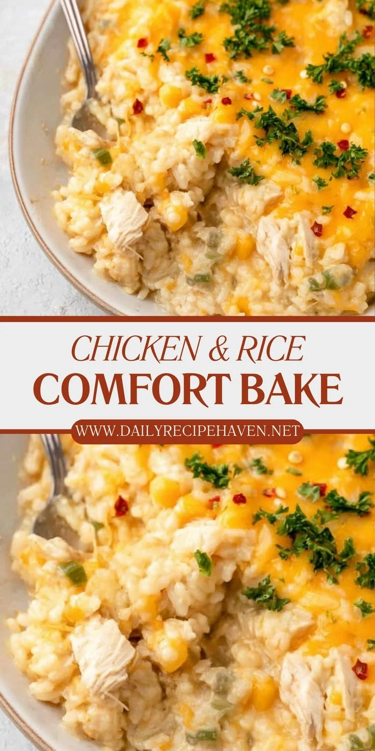 Wholesome chicken and rice comfort bake served in a ceramic dish