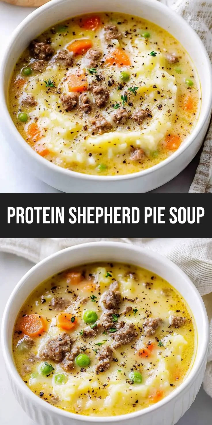 Bowl of protein-rich Shepherd's Pie Soup garnished with herbs.