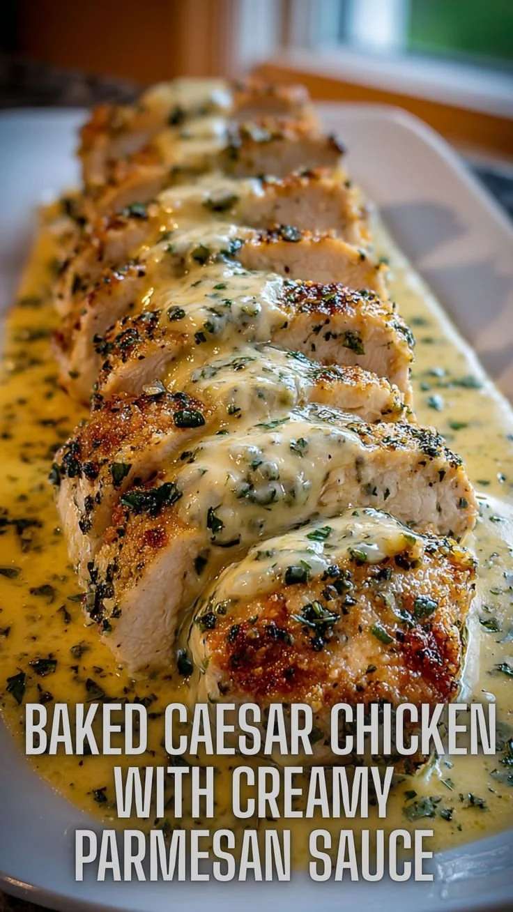 Delicious baked caesar chicken with creamy parmesan sauce on a plate