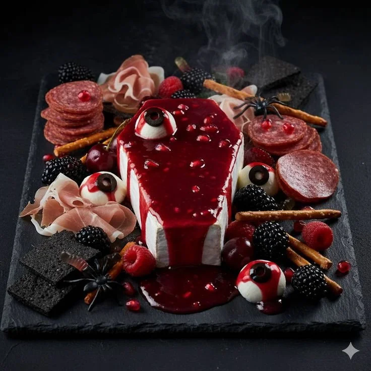 Charcuterie spooky stylings by Finch and Fennel, featuring seasonal decor and delicious selections.