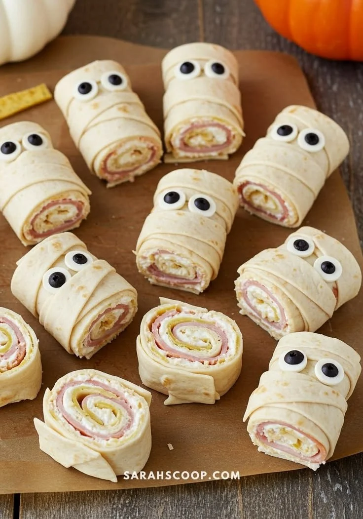 A spread of spooky Halloween appetizers including finger foods and festive treats.
