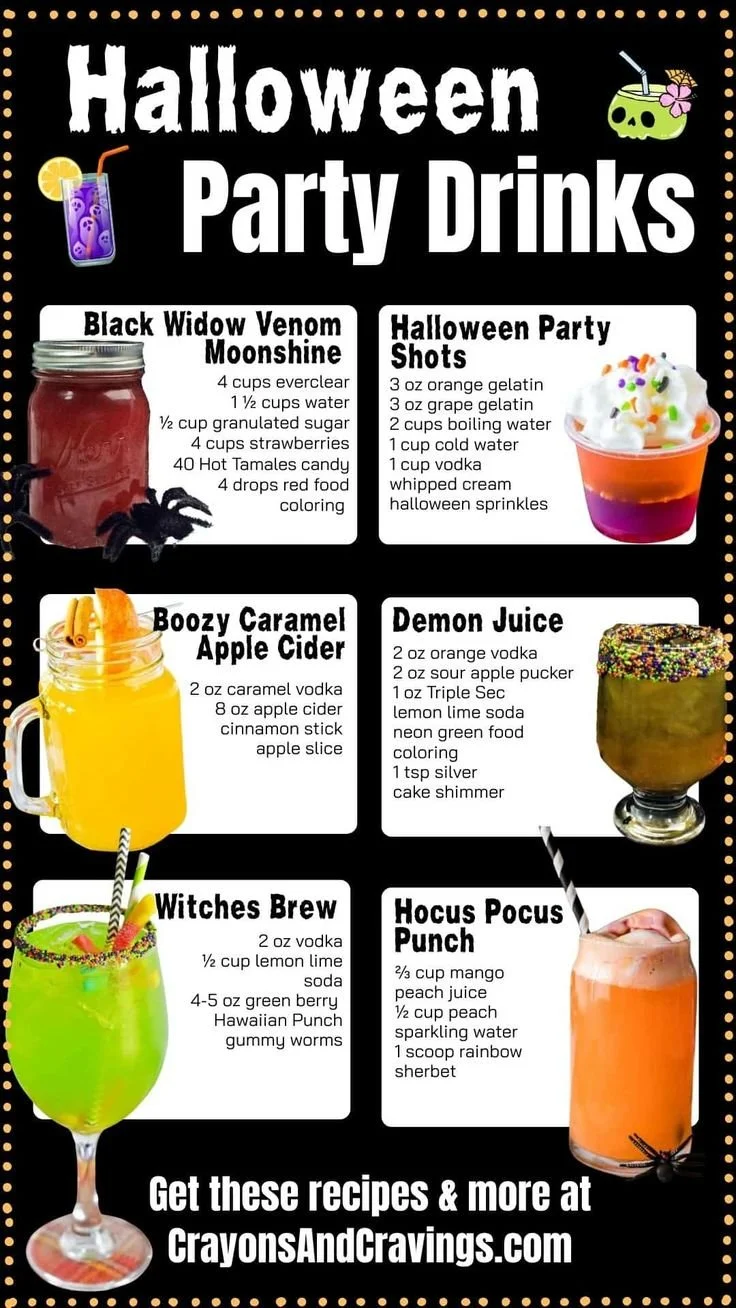 Delicious Halloween party drinks including cocktails and shots for a spooky celebration.