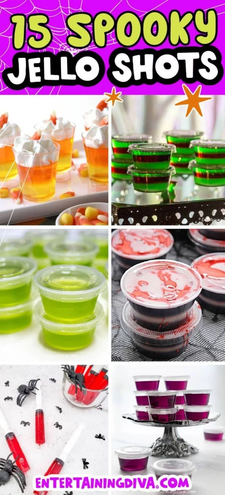 Colorful Halloween Jello shots served in spooky themed cups for a festive party.