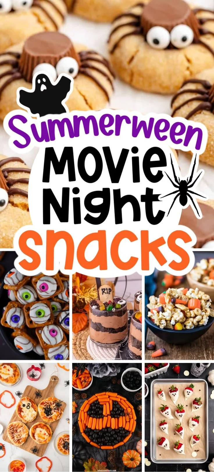 A variety of spooky Summerween snacks for a fun movie night party.