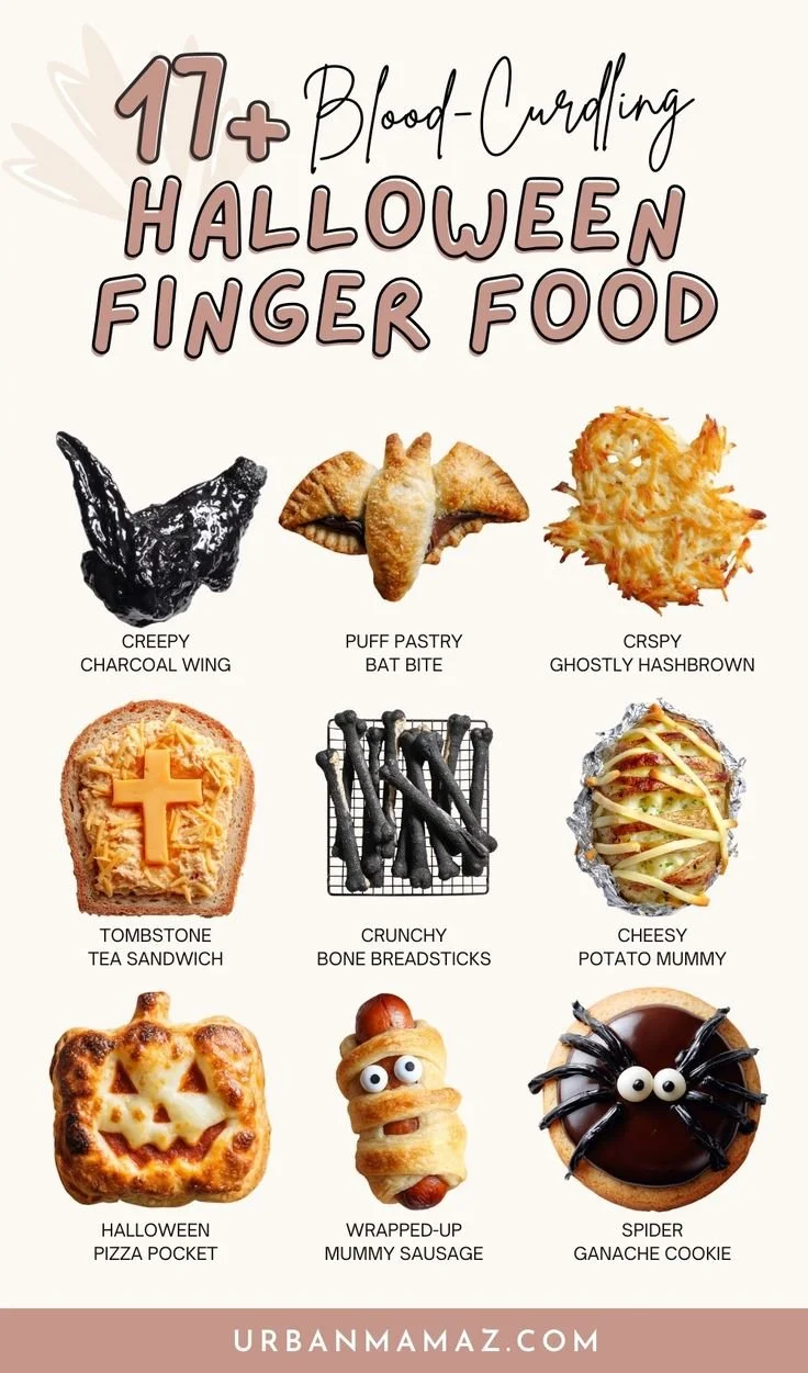Creepy Halloween finger foods displayed for a spooky party.