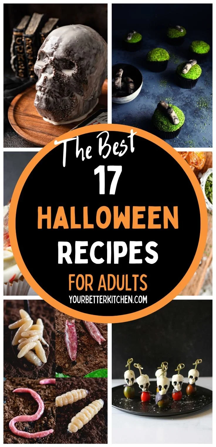 Delicious Halloween recipes for adults featuring spooky-themed dishes.