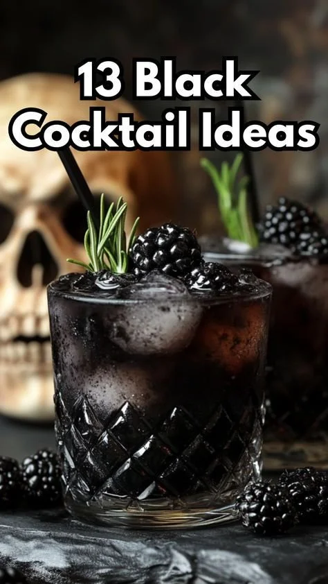 Variety of black cocktails for Halloween parties on a festive table.