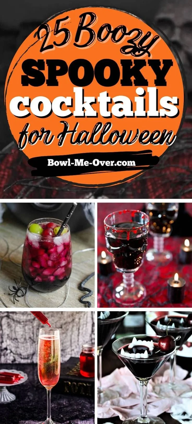 Boozy Halloween cocktails displayed in spooky glasses