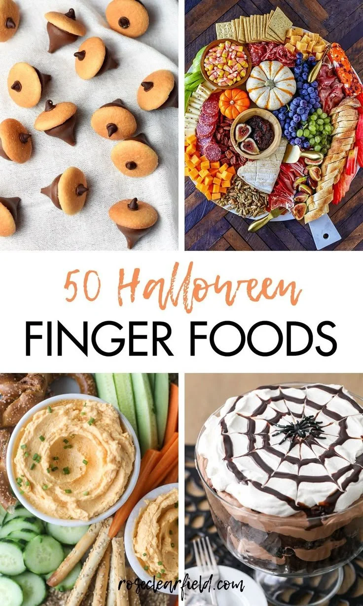 A platter of Halloween finger foods including spooky snacks and treats