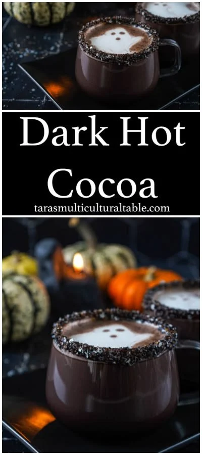 Delicious dark hot cocoa made with black cocoa powder in a cozy mug.