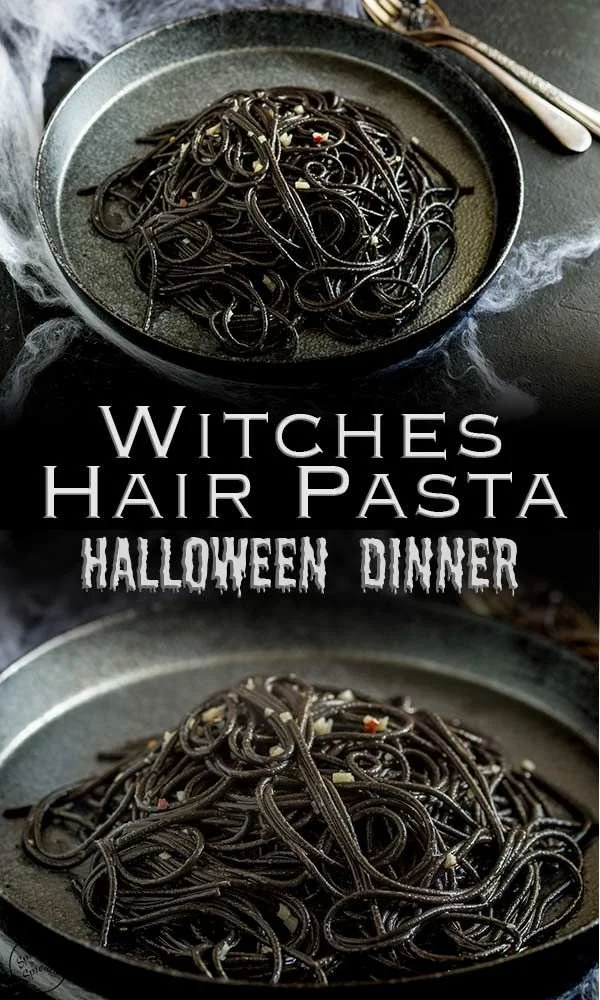 Spooky witch's hair pasta for Halloween dinner