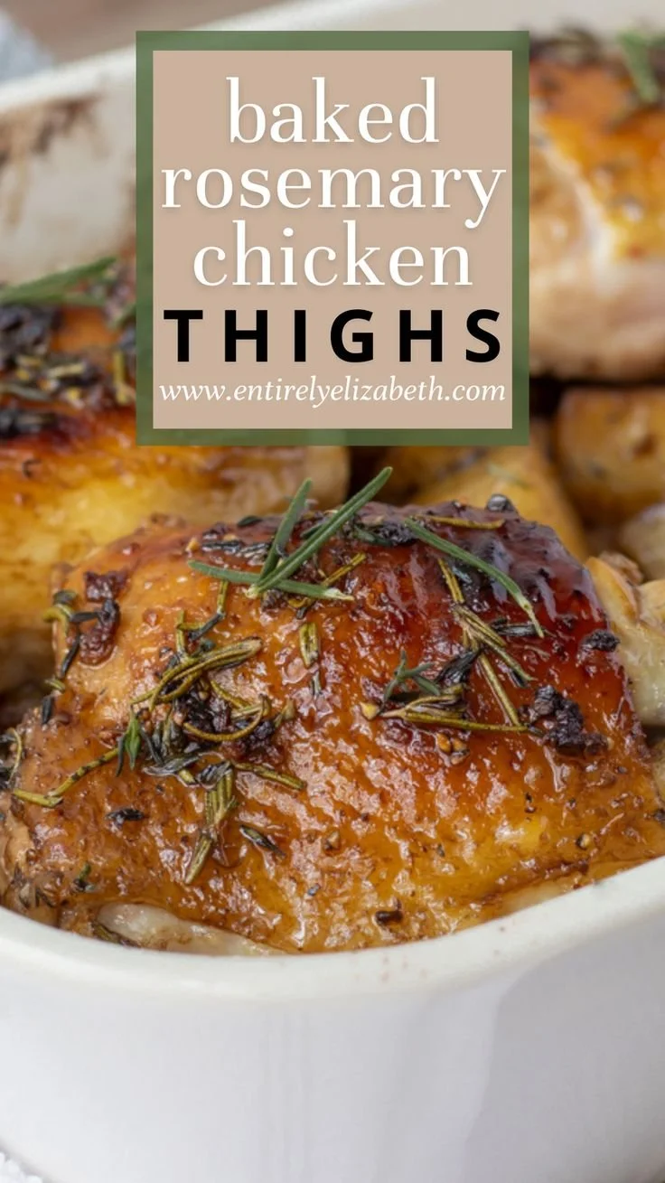Delicious baked rosemary chicken thighs garnished with fresh herbs