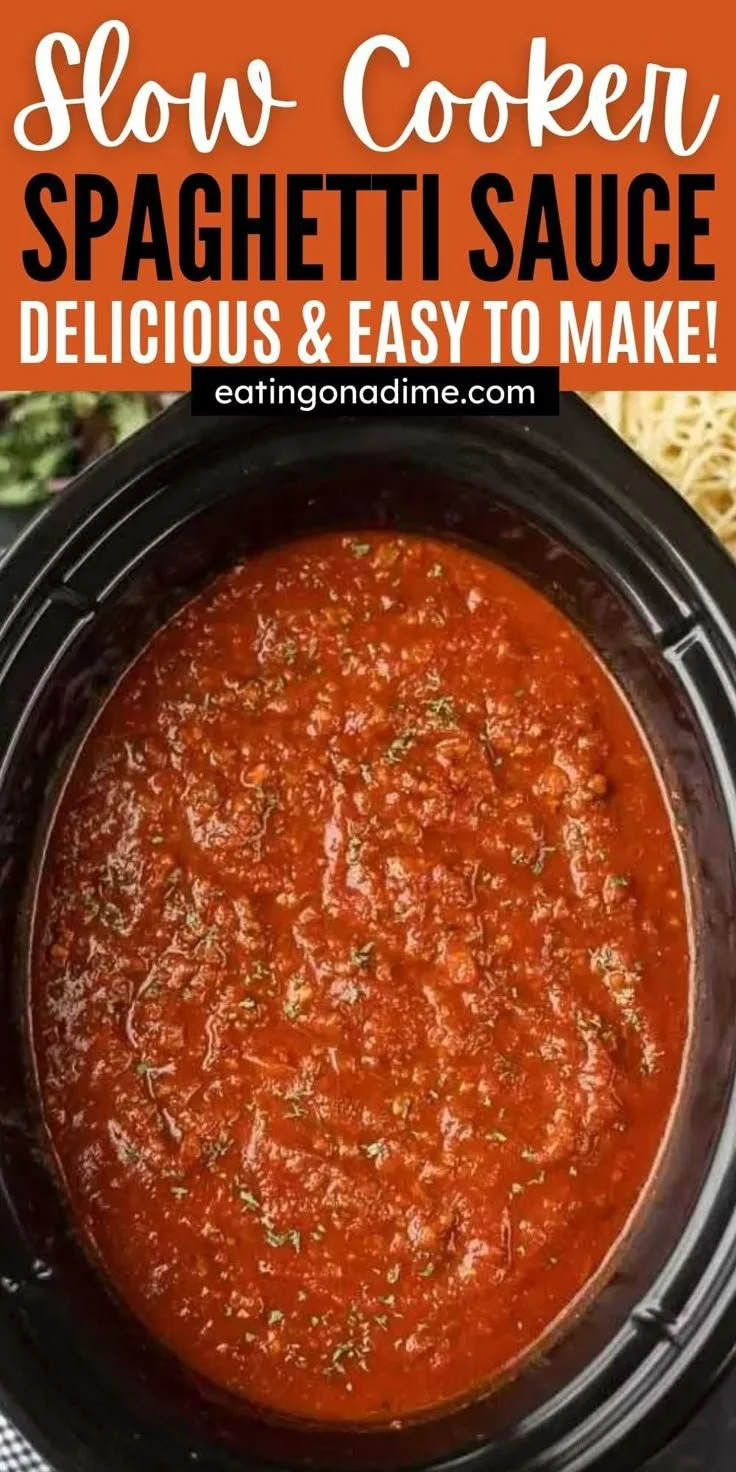 Delicious homemade crockpot spaghetti sauce simmering in a slow cooker.
