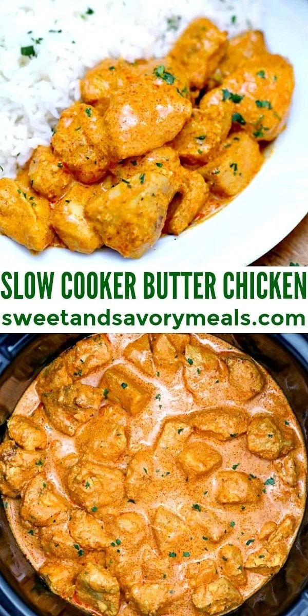 Delicious slow cooker Indian butter chicken served with rice and naan.