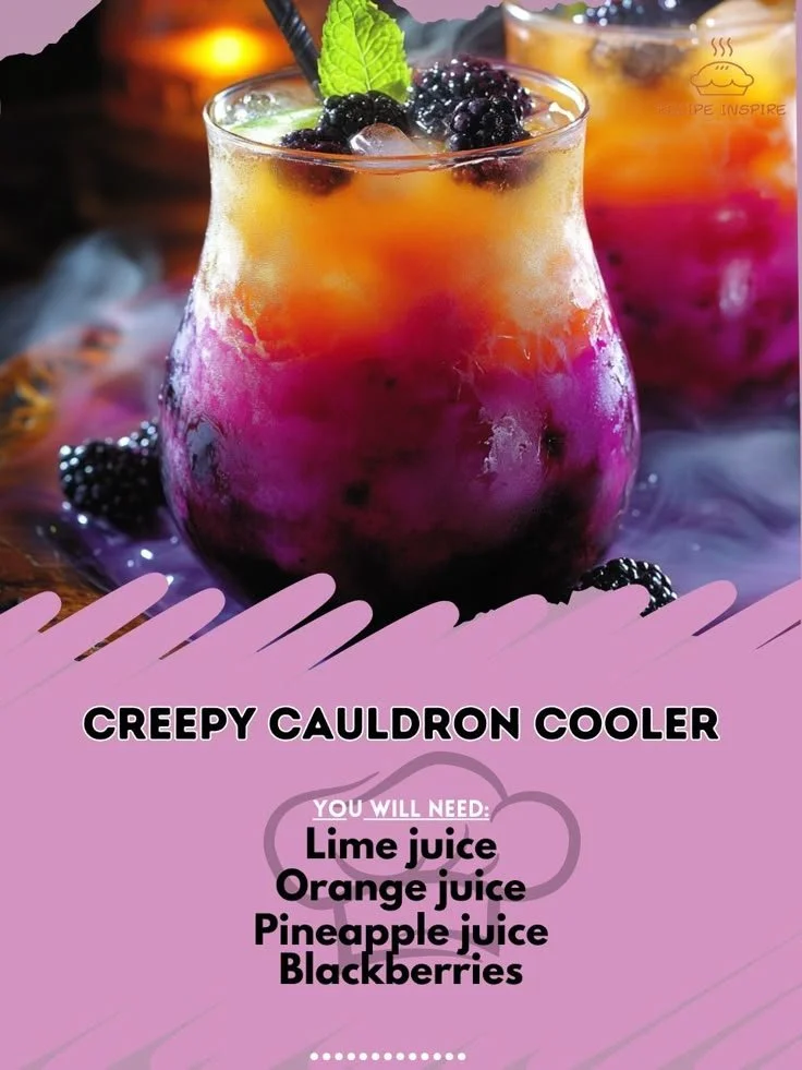 Creepy Cauldron Cooler Halloween cocktail recipe with spooky decorations