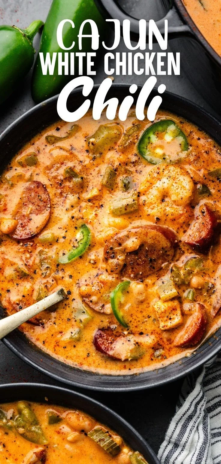 Delicious bowl of Cajun White Chicken Chili with spices and chicken