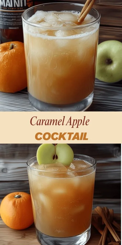 Caramel Apple Cocktail garnished with apple slices and caramel drizzle