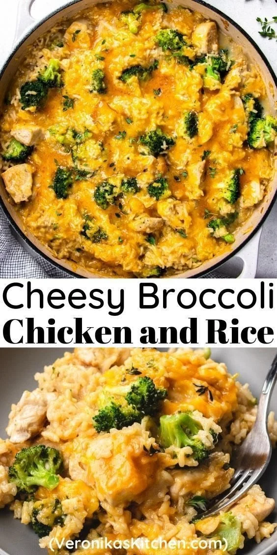 Cheesy broccoli chicken casserole with rice, topped with melted cheese and fresh parsley.