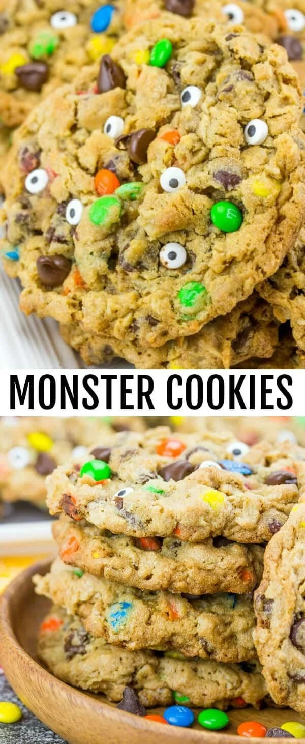 Deliciously chewy monster cookies filled with chocolate chips and colorful candy.