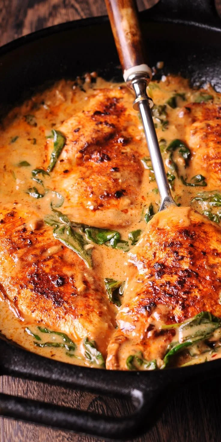Plate of chicken and spinach in creamy paprika sauce garnished with herbs