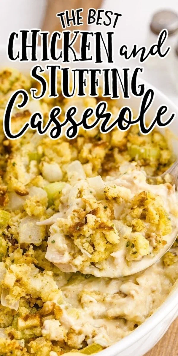 Delicious chicken stuffing casserole topped with crispy breadcrumbs