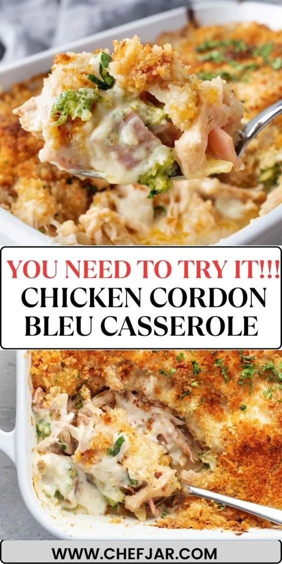 Delicious Chicken Cordon Bleu Casserole topped with melted cheese and ham