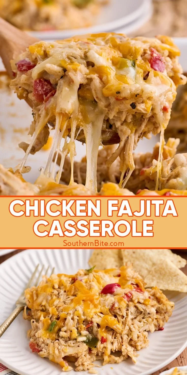 Delicious Chicken Fajita Casserole topped with melted cheese and colorful peppers.