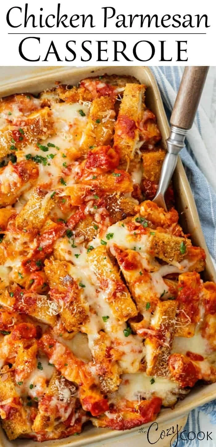 Delicious Chicken Parmesan Casserole served with melted cheese and marinara sauce.