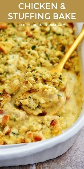 Baked Chicken & Stuffing dish garnished with herbs in a casserole dish