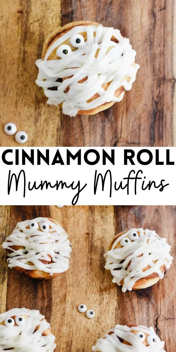 Cinnamon Roll Mummy Muffins decorated for Halloween