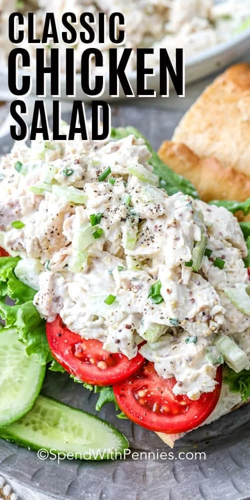 Delicious classic chicken salad served in a bowl with fresh ingredients.