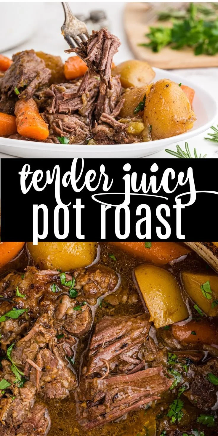 Classic pot roast served with vegetables and gravy in a rustic setting