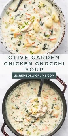 A bowl of creamy chicken gnocchi soup with vegetables and herbs.