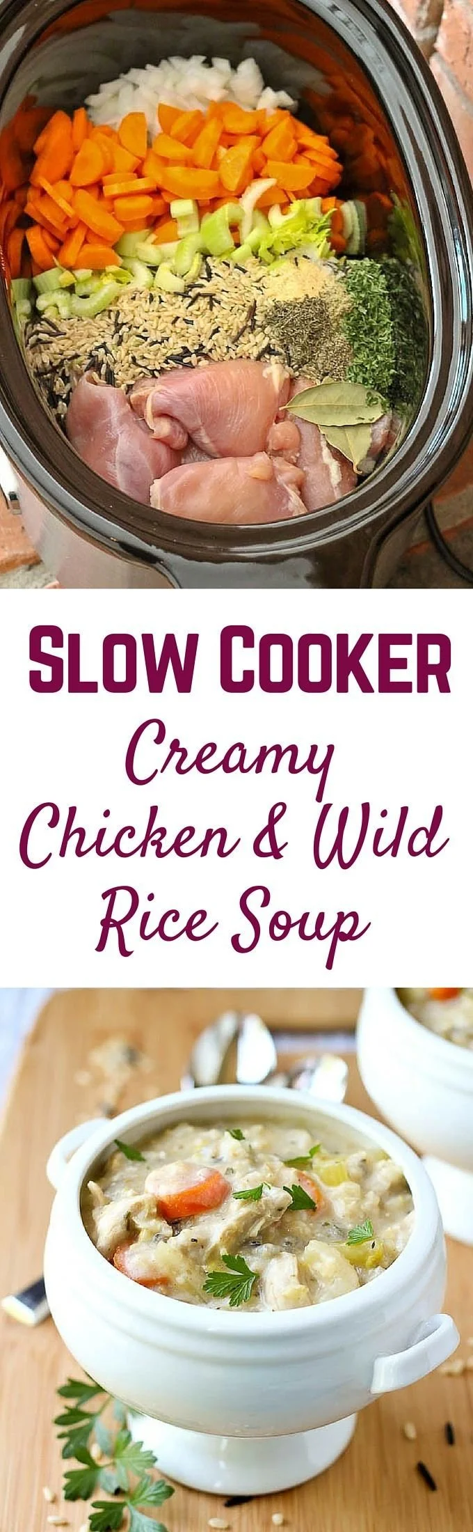 Creamy chicken wild rice soup in a bowl, garnished with fresh herbs.
