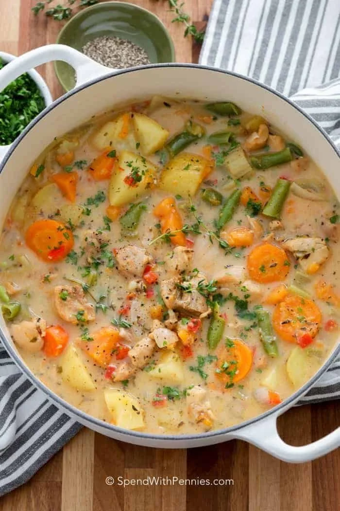 Bowl of chicken stew with vegetables, perfect for cozy winter meals.