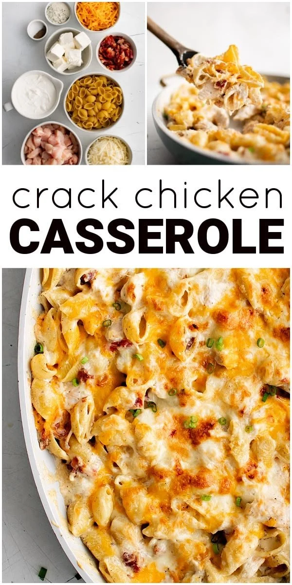 Delicious Crack Chicken Casserole topped with creamy sauce and cheese