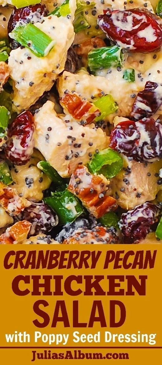 Cranberry pecan chicken salad with poppy seed dressing in a serving bowl