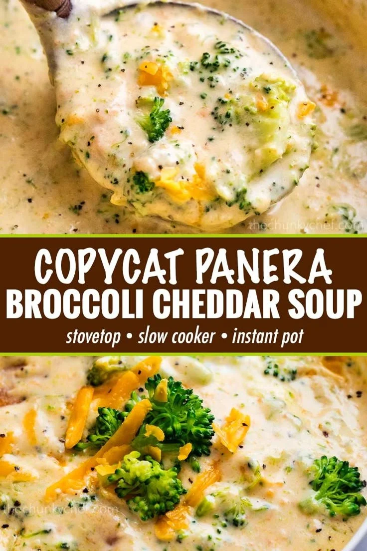 Creamy broccoli cheddar soup in a bowl topped with grated cheese and fresh herbs.