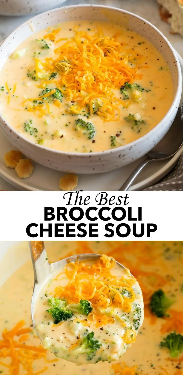 Creamy broccoli cheese soup in a white bowl with a sprinkle of cheese on top.
