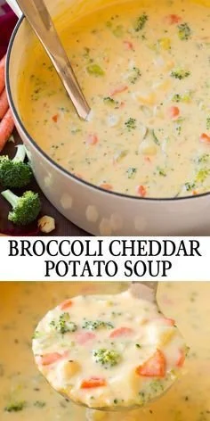 Creamy cheddar broccoli potato soup in a bowl, garnished with fresh herbs.